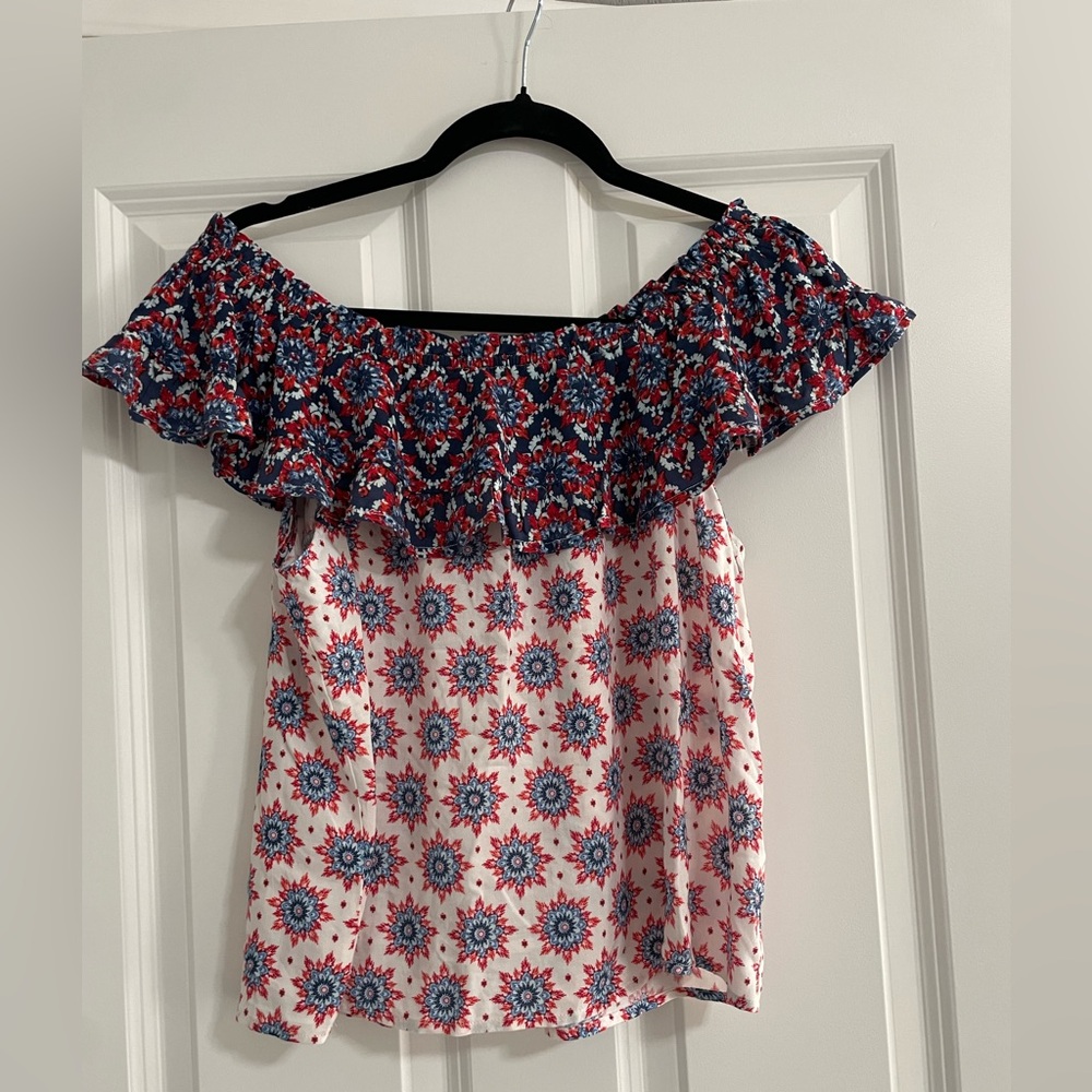 LUQ women 👚 Ruffled Off-Shoulder Blouse in Red and Blue, size med ❤️100% Rayón